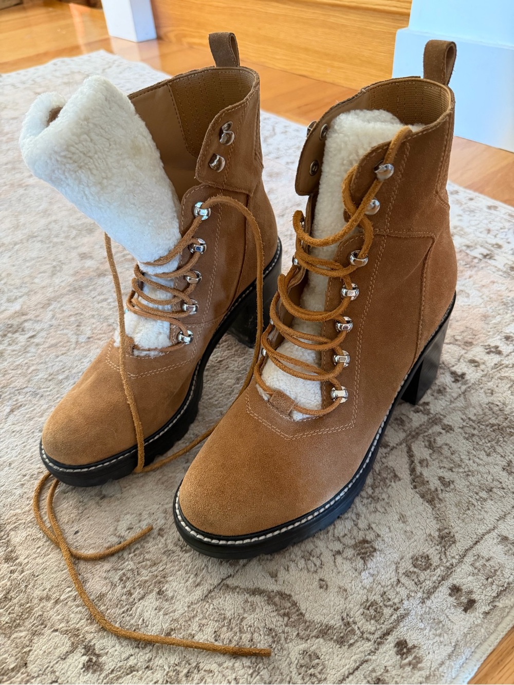Marc Fisher Women’s Tan Suede Lace-Up Shearling Ankle Boots